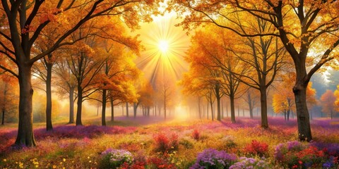 Autumnal Glory Sunbeams Illuminate a Golden Forest Meadow with Vibrant Wildflowers
