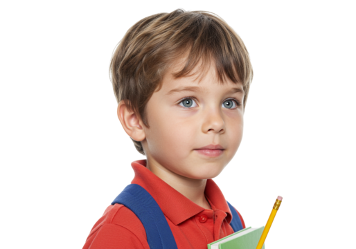 Schoolboy portrait of cute student with book and pencil