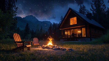 Cozy cabin retreat with a crackling fire under a starry night sky in the mountains