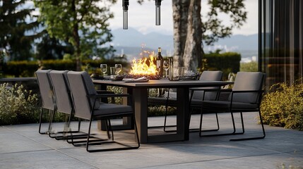 Outdoor dining set with fire pit on a patio in a modern house with natural environment view