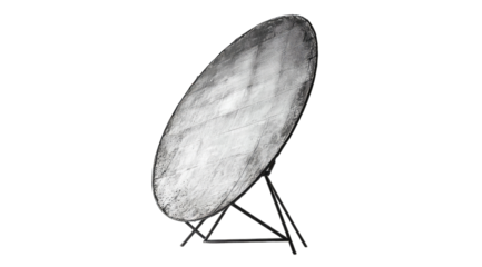 A grayscale image shows a large, oval, slightly concave mirror on a simple, tripod-style stand.  The mirror's surface appears textured and possibly metallic