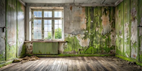 A Forgotten Room  Sunlight Illuminates a Derelict Interior with Peeling Walls and Mossy Growth on the Woodwork and Floor