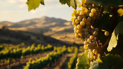 Ripe Grapes on the Vine in Vineyard with Mountains in the background at sunset
