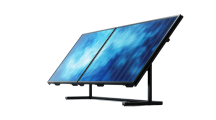 A dual-panel solar thermal collector, angled, showcasing a sleek, dark stand and vibrant blue fluid simulation within the panels