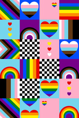 Pride month background. Abstract pride festival. Colorful pride pattern. Celebrate equality, people, loves, heart and lgbtq. Fun design with elements. Wallpaper, banner, poster, postcard, rainbow.