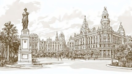 Obraz premium Hand-drawn illustration of a city square with a monument and buildings.