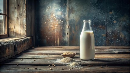 A Glass Bottle of Plant-Based Milk Sits on a Rustic Wooden Surface Near Bowls of Grains and Powders