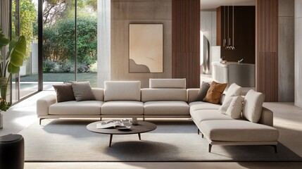 A modern living room featuring a large beige sectional sofa with a wooden coffee table and a view of a lush garden