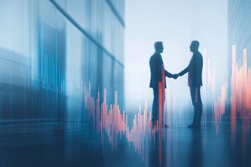 Silhouettes of Businessmen Shaking Hands with Abstract Financial Bar Graphs in Modern Blue-Tinted Office Environment.