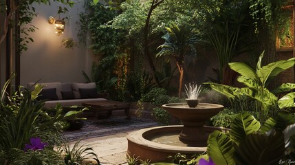 Lush Interior Courtyard with a Fountain and Comfortable Seating Area