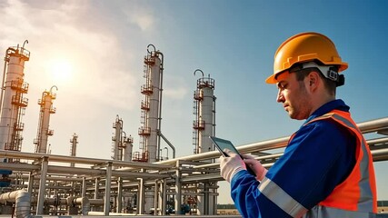 Oil refinery worker inspecting vast industrial complex bright future energy production - Powered by Adobe