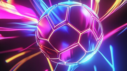 Abstract soccer ball with neon lights trails, futuristic design element and colorful background