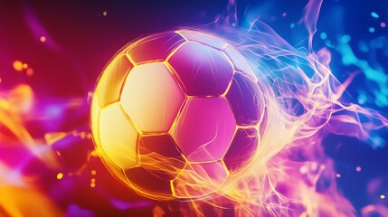 A Dynamic Soccer Ball Engulfed in Fiery Light Trails on a Vibrant Background