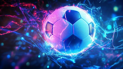 A soccer ball surrounded by a vibrant energy field with flowing lines and glowing dots