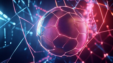 Futuristic Soccer Ball with Glowing Lines in a Networked Digital Space