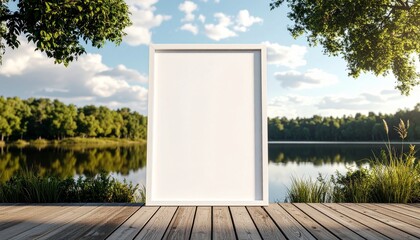 White frame on boardwalk near lake reflections