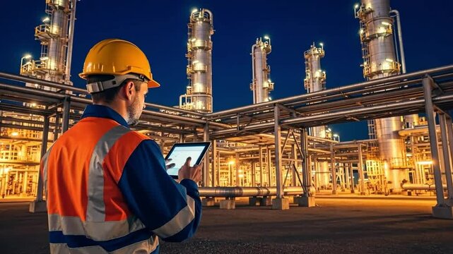 Night shift refinery worker using tablet modern technology industrial scene