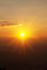 Vertical Horizon Sunset mountain range beautiful landscape mist foggy sunrise beam. Golden sky Mountain landscape mountain. Vertical Amazing Landscape cloud sky on sunrise. Gold sunlight heaven scene