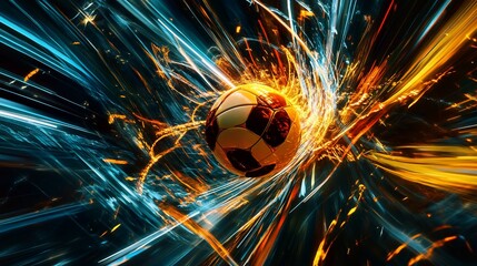 Dynamic Soccer Ball with Abstract Light Trails and Energy Effect Background