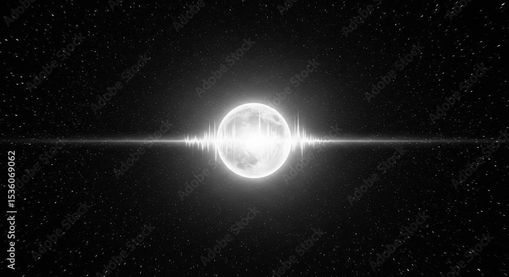 Poster abstract monochrome image of a sphere emitting light waves in space with a starry background.