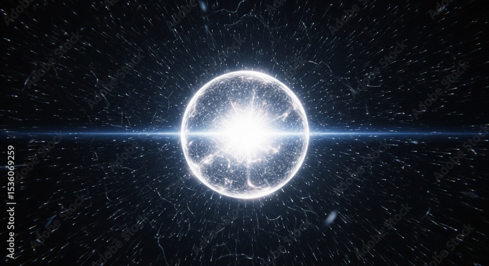 Poster striking orb of pulsating light radiates outward in a mesmerizing abstract space design.