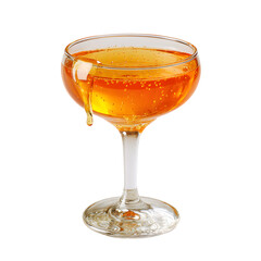 Golden cocktail drink with caramel rim dripping in elegant coupe glass isolated on transparent background