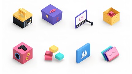 3D Solid Icons on White Background