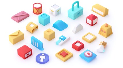3D Solid Icons on White Background