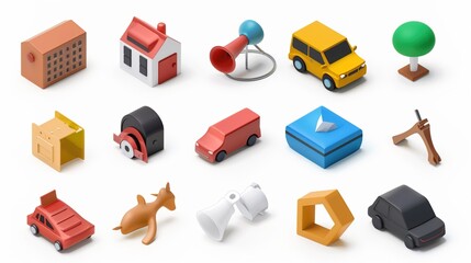 3D Solid Icons on White Background