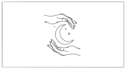 Celestial Embrace Two Hands Gently Cradling a Crescent Moon and Stars - Line Art Vector