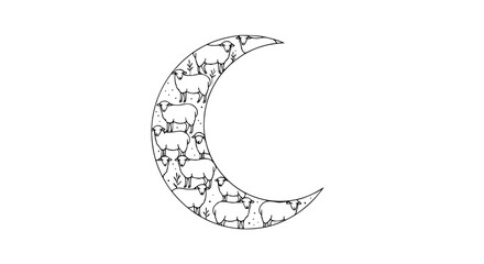 Crescent moon filled with sheep black and white line art illustration - Line Art Vector