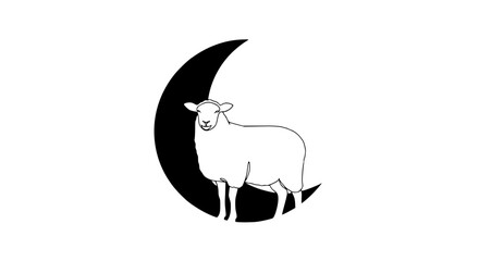 A Simple Sheep Silhouette Standing Beside a Black Crescent Moon - Line Art Vector