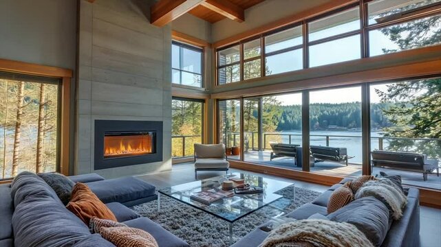 Modern living room with lake views.  Spacious, light-filled great room with a fireplace and large windows showcasing a serene lake vista.  Cozy seating area and contemporary design