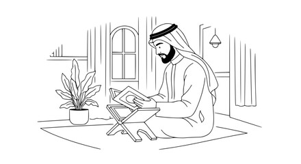 Line art of a man in traditional dress reading a book indoors - Line Art Vector