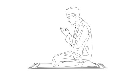 Muslim Man in Prayerful Pose on Prayer Mat - Line Art Vector