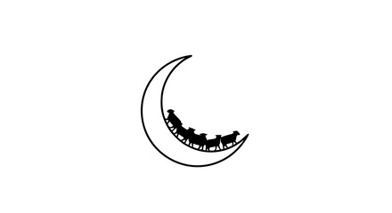 Silhouette of Sheep Walking on Crescent Moon Dreamy Counting Concept - Line Art Vector