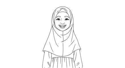 Smiling Muslim Girl Wearing Hijab Outlined in Black and White - Line Art Vector