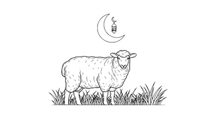 Simple Line Art Illustration of a Sheep in a Field with Crescent Moon and Lantern - Line Art Vector