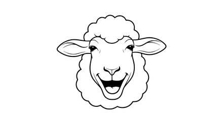 Smiling Sheep Face with Fluffy Wool and Open Mouth  - Line Art Vector