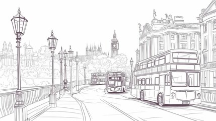Hand drawn illustration of a city street scene with double-decker buses.