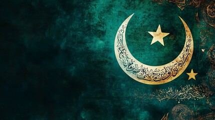 Elegant Islamic Design with Crescent Moon Stars and Calligraphy on Textured Emerald Background