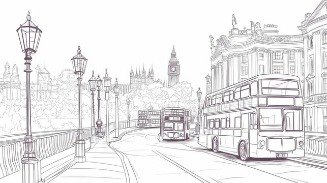 Fototapeta Hand drawn illustration of a city street scene with double-decker buses.