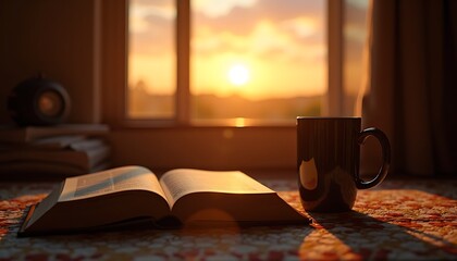 Open book and coffee mug on table by window with warm sunset light