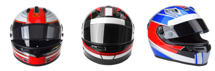 Collection Of Racing Helmets In Various Color Schemes Against White Background Showcasing Protective Gear And Sport Design