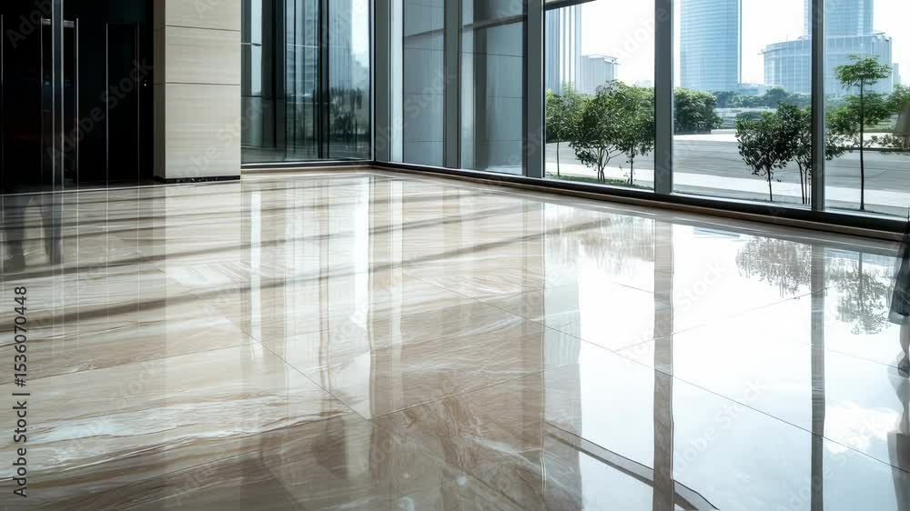 Poster elegant lobby with marble floors and city view reflecting in windows creates an atmosphere of sophis