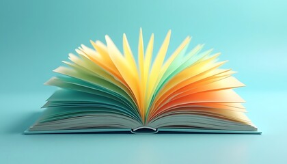 Open book with multi-colored fanned pages on blue background