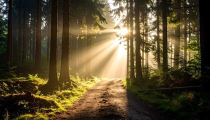 Obraz premium Sunlight streams through misty forest path