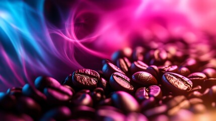 Vibrant coffee beans with swirling colorful background, showcasing the textures and details of roasted beans
