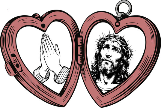 Praying Hands and Jesus in Heart-Shaped Locket &ndash; Luke 22:42 & John 3:16 Bible Verse Christian Vector | Thy will be done | For God so loved the world