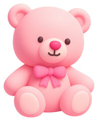 Adorable Pink 3D Teddy Bear with Bow Sitting on Transparent Background